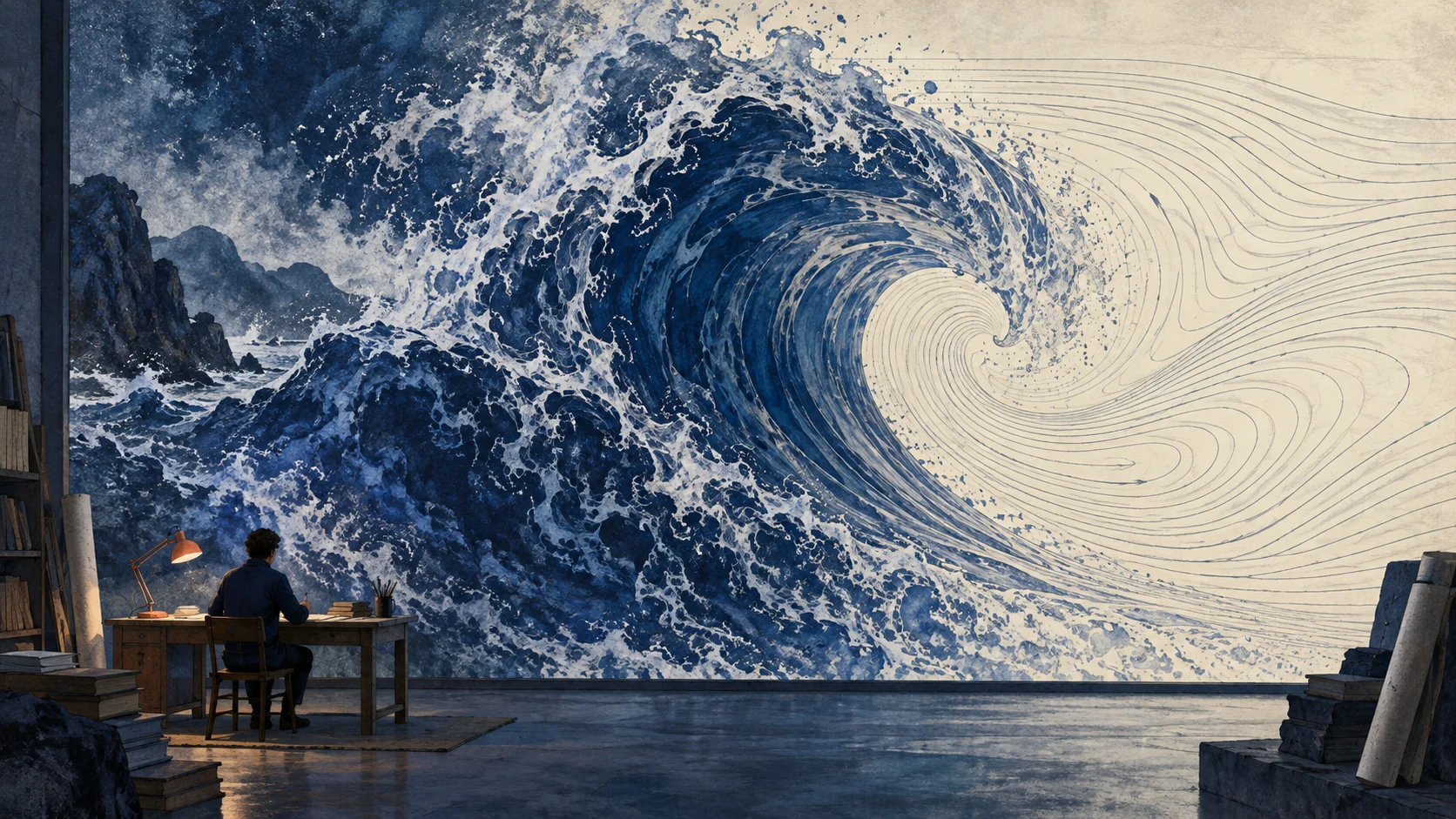 A mathematician faces a cobalt wave that becomes delicate fluid-flow lines on paper.