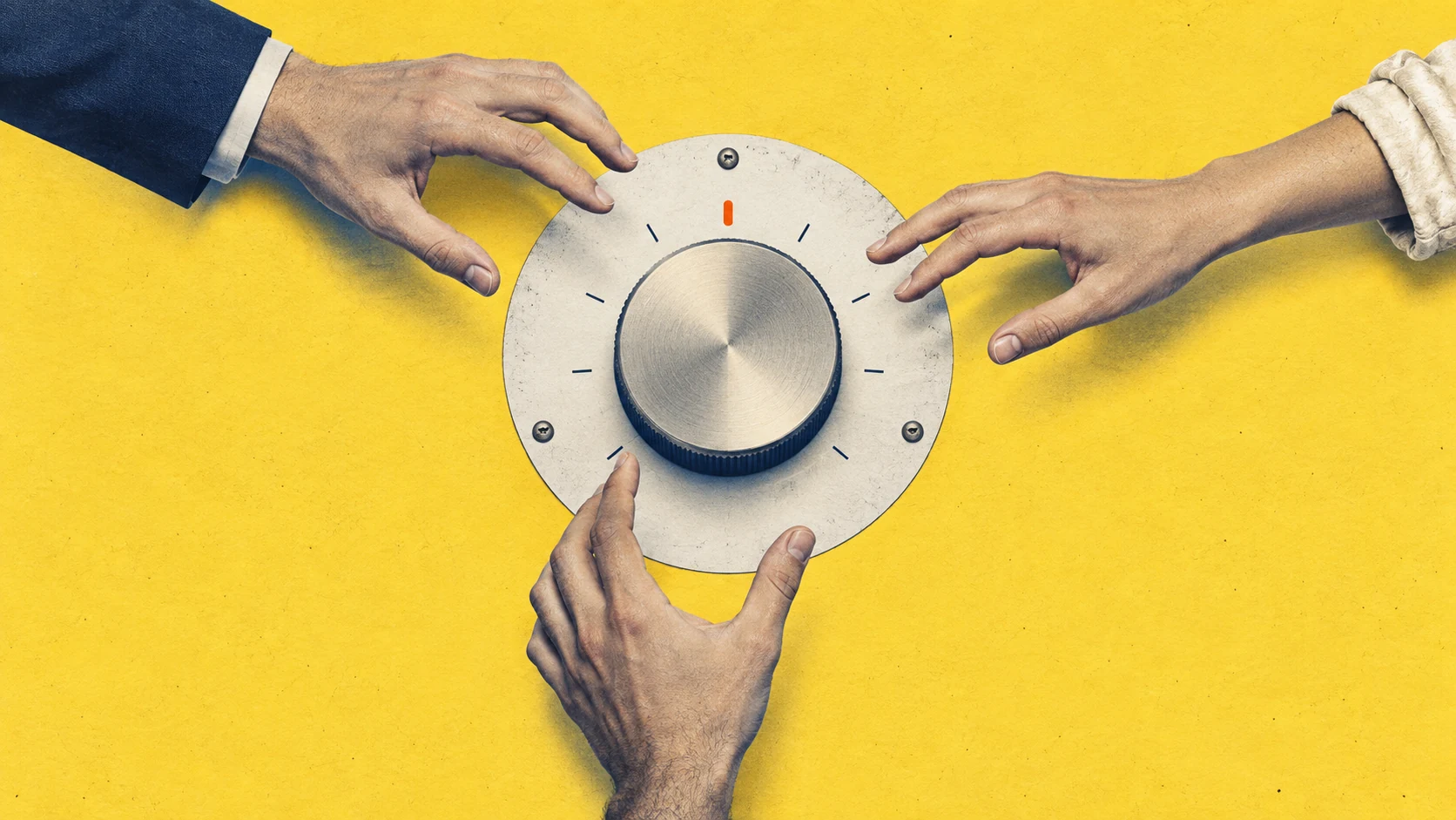 Three hands reach toward a shared control dial against a bright yellow background.