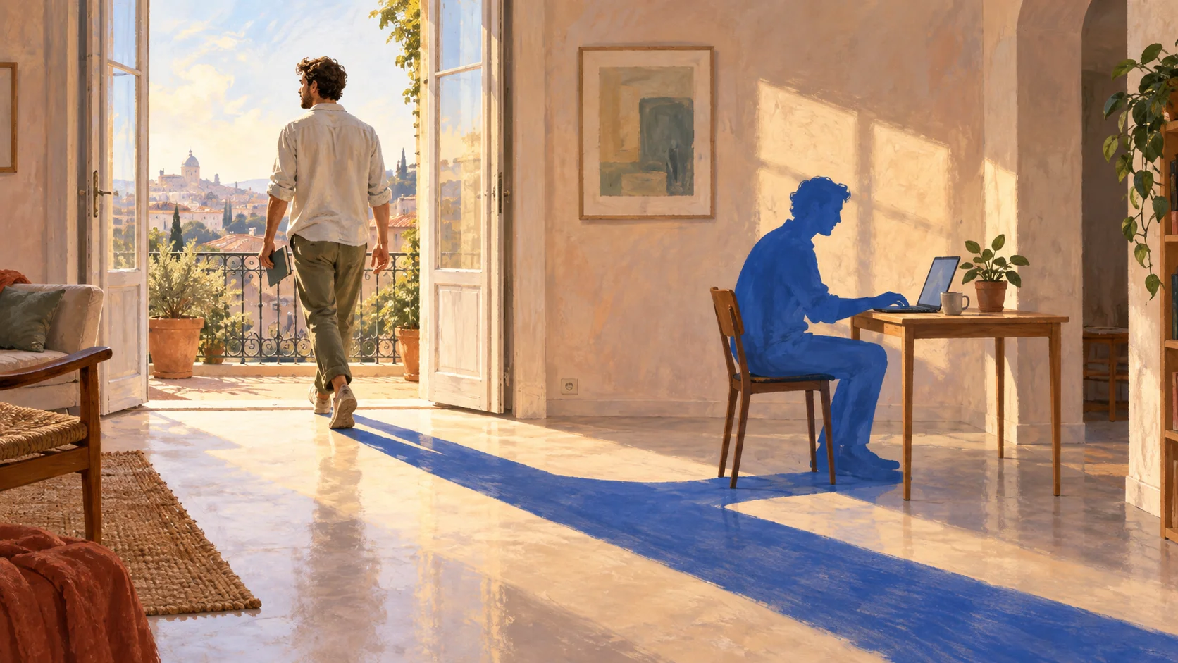 A man walks toward a sunny balcony while his blue shadow stays at a desk working on a laptop.